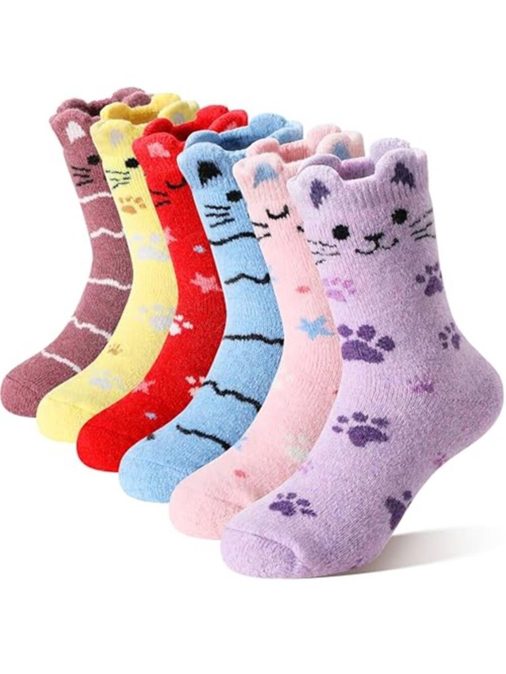 6 Pairs Kids Girls Toddlers Merino Wool Cat Socks Thermal Winter Crew Socks